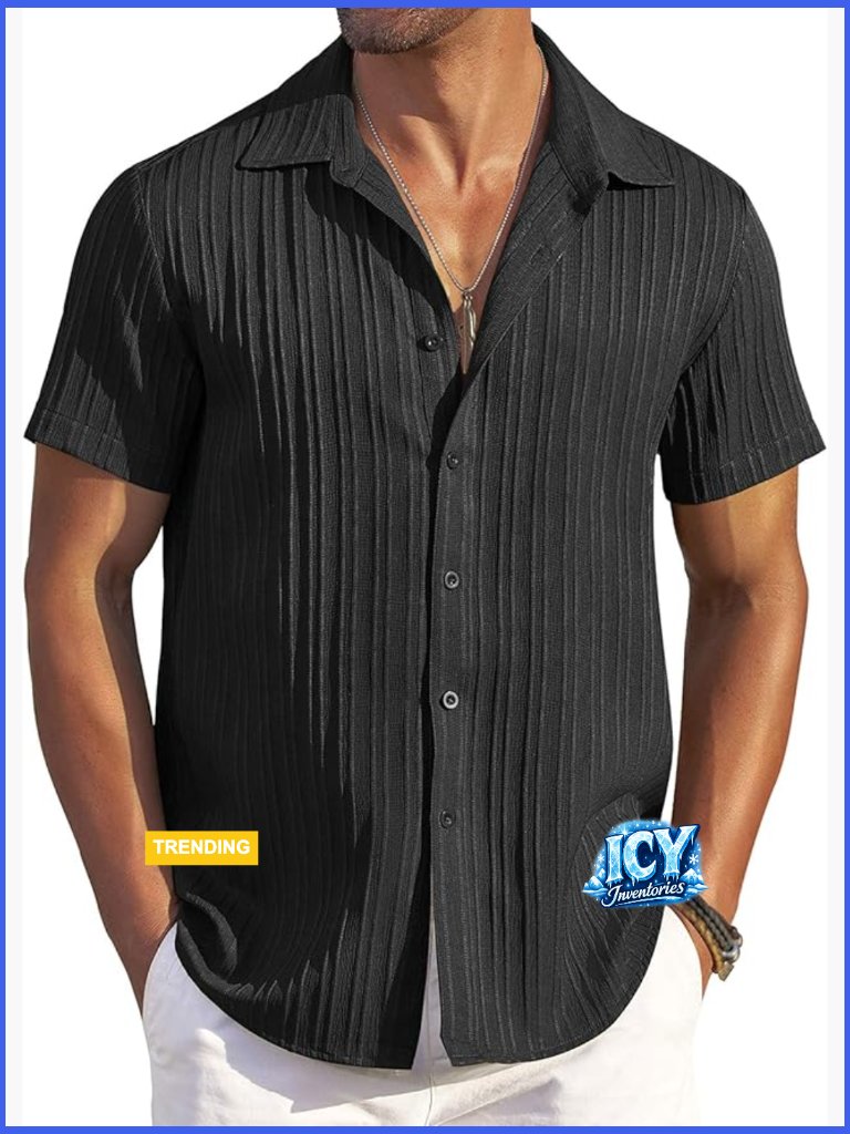 Casual Button Down Short Sleeve Textured Summer Beach Shirt